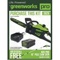 Greenworks  Pro 60V Chainsaw With 4.0AH Battery and Dual Port Charger Combo Kit & 10" Pole Saw