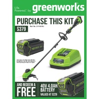 Greenworks 40 V Brushless String Trimmer Kit With Battery and Charge Line 2111107AU