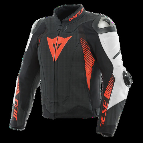 Dainese Super Speed 4 Perf. Leather Motorcycle Jacket  Black-Matt/White/Fluo-Red/44