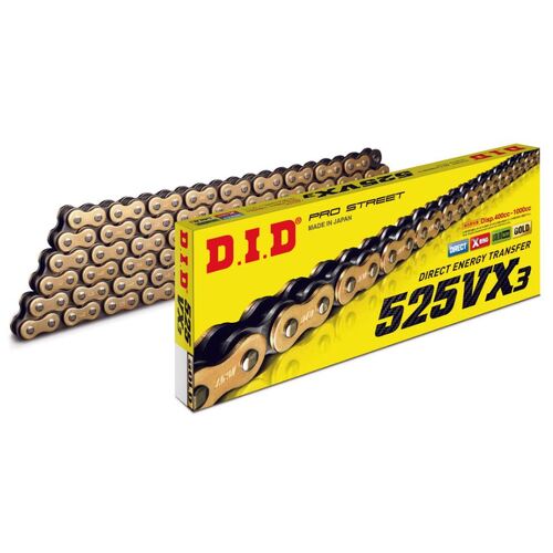 DID 525VX3 GB -124 ZB Pro Street X-Ring Drive Chain - Gold/Black