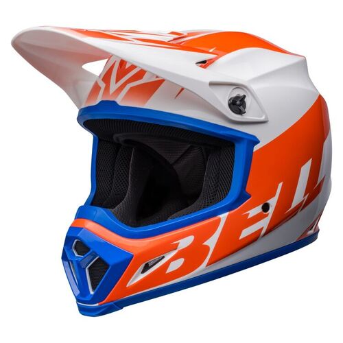 orange and white dirt bike helmet