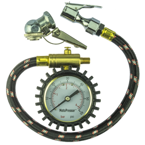 Motopressor Inline Tyre Gauge, With 2 Chucks. Straight & 45Deg